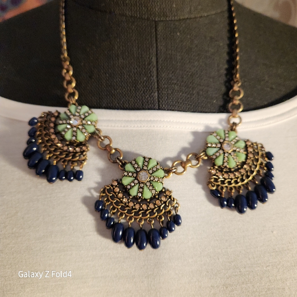 J. Crew Green and Navy Floral Necklace